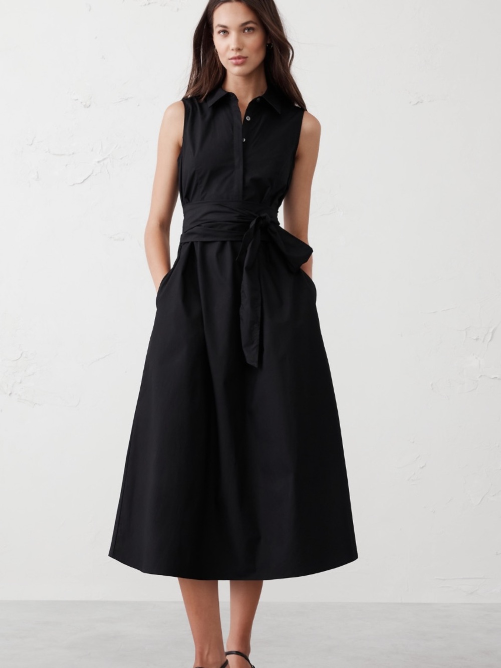 Navy Banana Republic Factory Black Poplin Cross-Waist Midi Dress, small